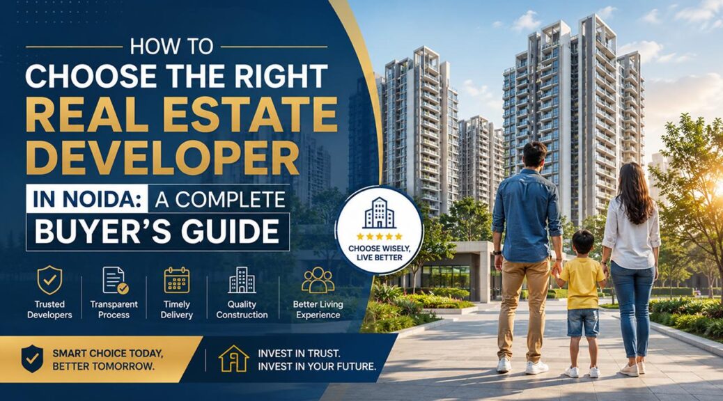 Family looking at modern residential apartments in Noida representing a guide to choosing the right real estate developer for buying a home.